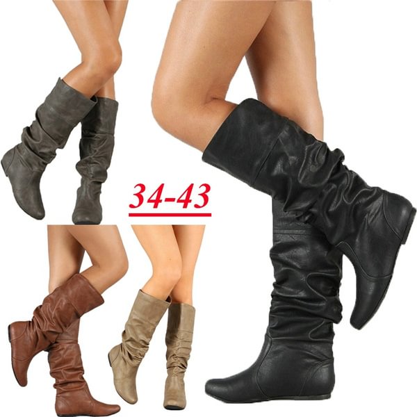 Women Winter Fashion Solid Color Flat Heel Long Boots Ladies Casual Pu Leather Pointed Toe Knee High Boots Flats Outdoor Non-Slip Booties 34-43 - Shop Trendy Women's Fashion | TeeYours