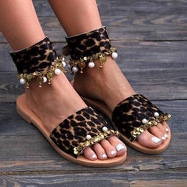  Fashion Flat Leopard Fringe Slippers