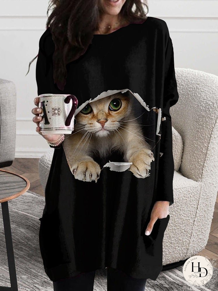 Dresses Cat Ripped Pocket Long Sleeve Dress for Women