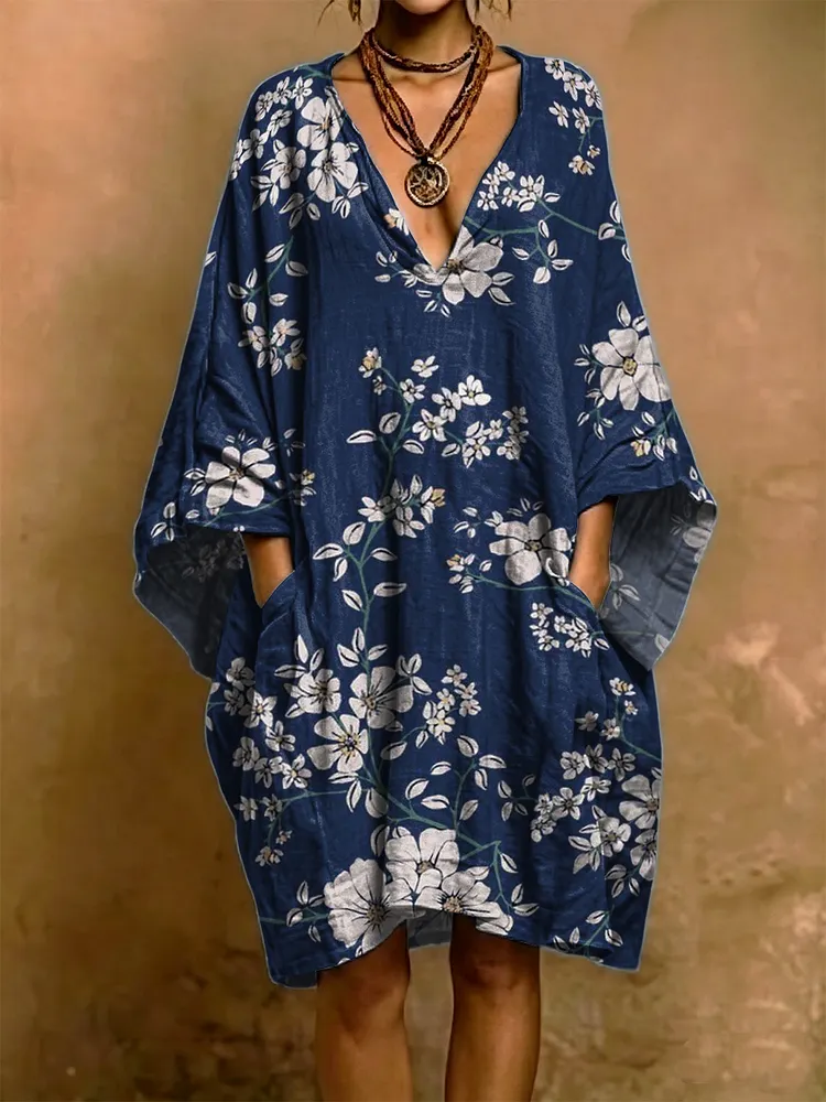 Elegant Floral Decorative Patterns Woman's Short Sleeve Cotton And Linen Dress