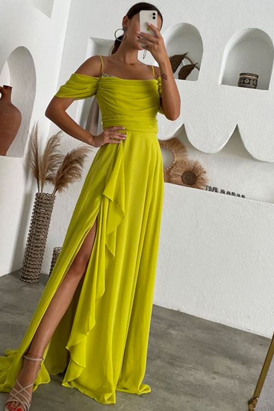 Ovlias Breathtaking Spaghetti Strap Off-the-shoulder Split Comfortable Prom Dress LY0373