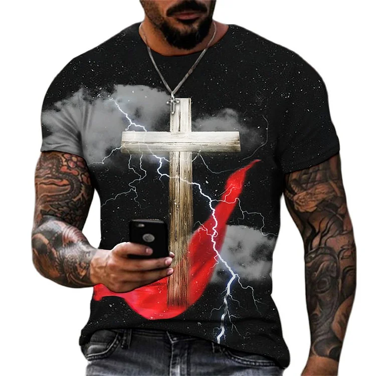 Vintage Cross 3D Print Men's Short Sleeve T-shirts at Hiphopee