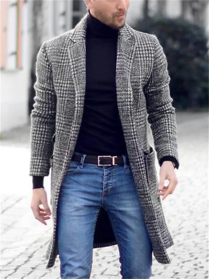 Men's Winter Coat Overcoat Business Casual Winter Fall Polyester Outerwear Clothing Apparel Houndstooth Notch lapel collar Open Front