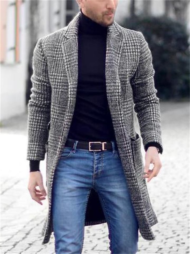 Men's Winter Coat Overcoat Business Casual Winter Fall Polyester Outerwear Clothing Apparel Houndstooth Notch lapel collar Open Front -vasmok