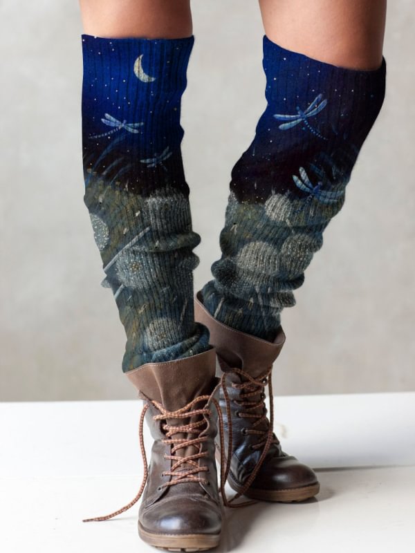 Retro dragonfly print knit boot cuffs leg warmers