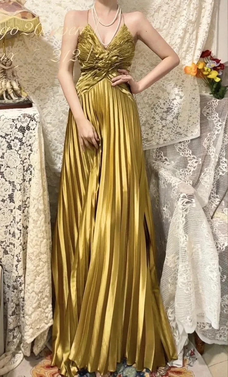 Gold metal bead embellishment long satin ball dress, evening dress, graduation dress