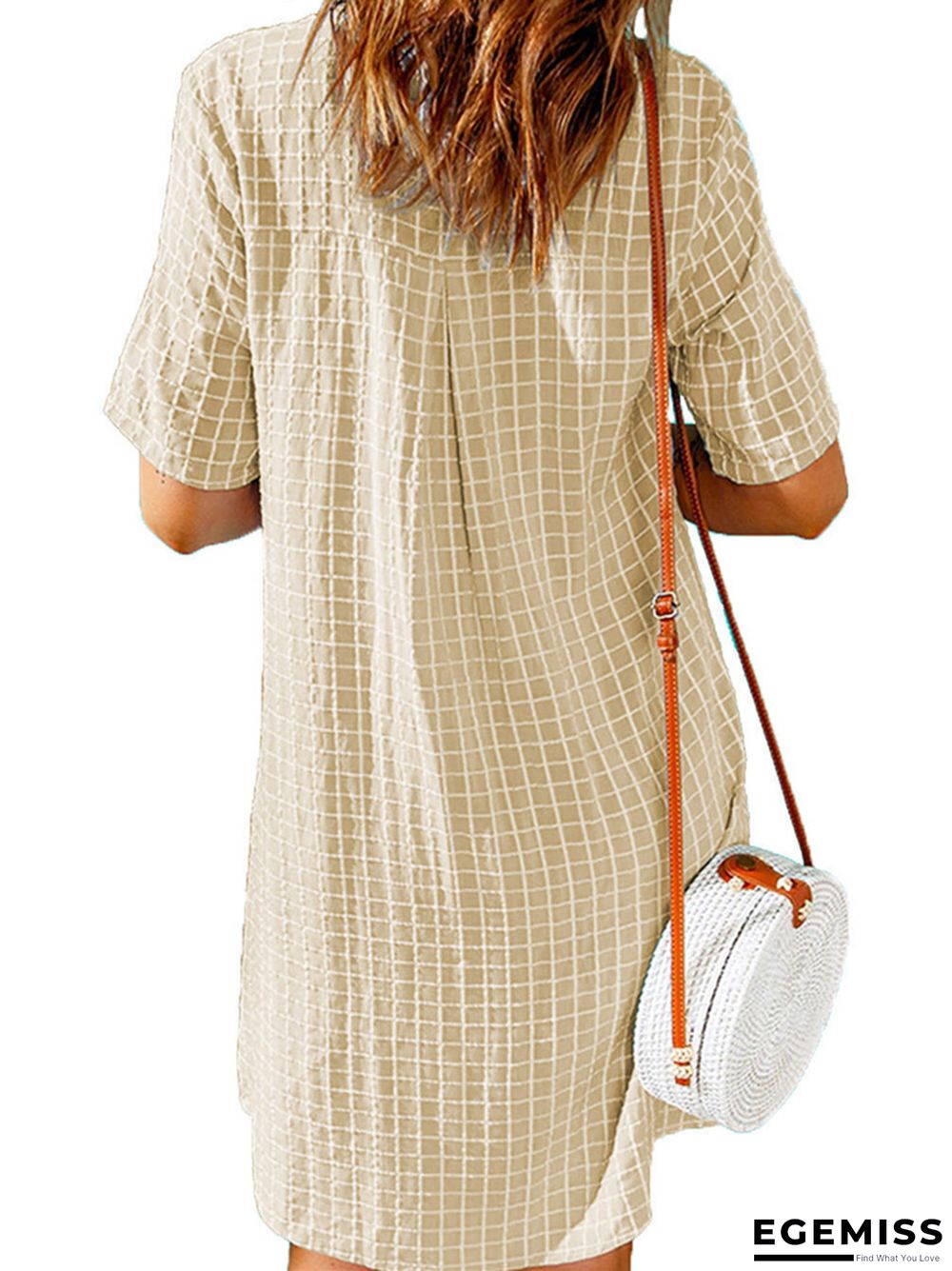Women's Casual Shirt Short Skirt Lapel Plaid Loose Short Sleeve Dress White Dress | EGEMISS