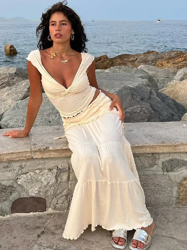 Fashion Solid Folds Long For Women Summer Sexy Off Shoulder V-neck Cropped Tops High Waist Long Skirts 2 Pieces Sets