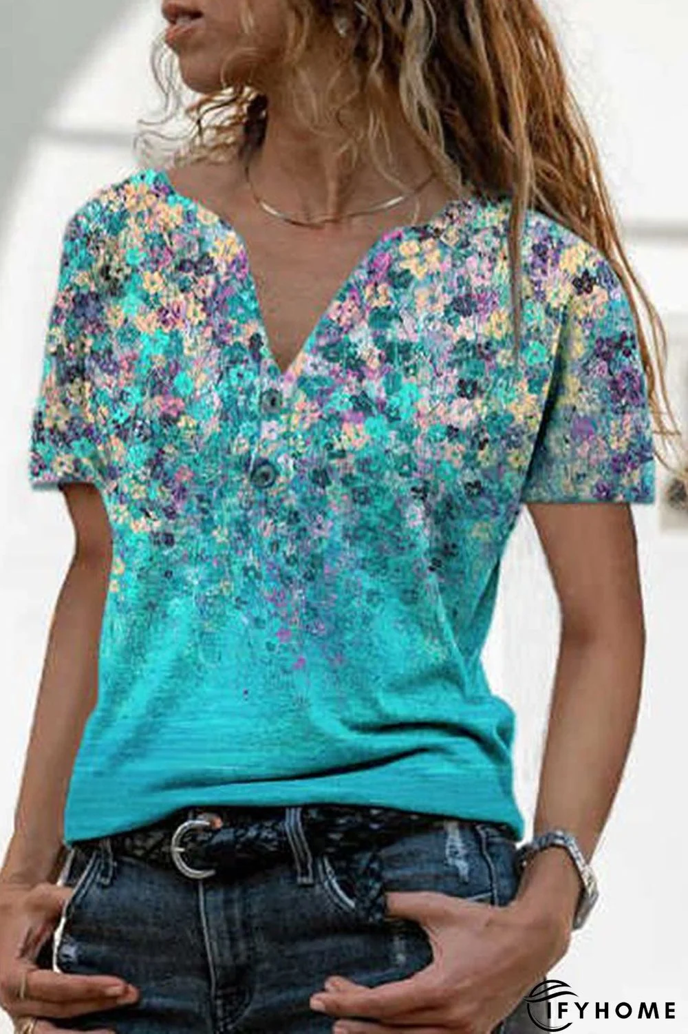 Floral Print V-Neck Short Sleeve T-Shirt | IFYHOME