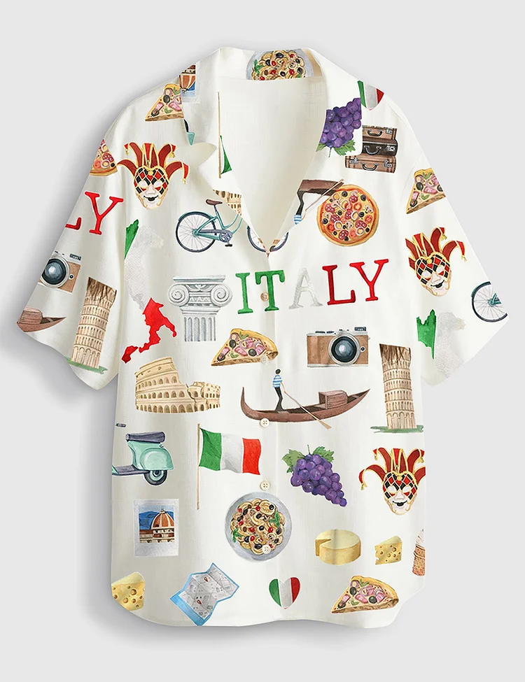 Women's Italy Roma Travel Short Sleeve Linen Blend Hawaiian Shirt 