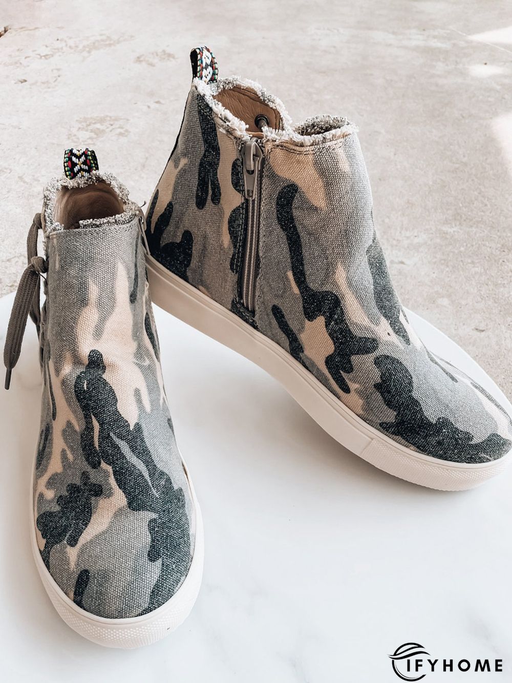 Casual Lace-up Decor Fringe High Top Canvas Shoes with Side Zip | IFYHOME