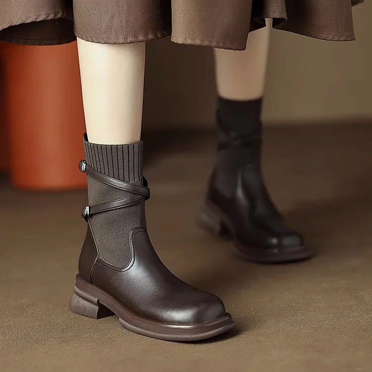 Women's Martin Widened Retro Stretch Socks Brown Platform Boots