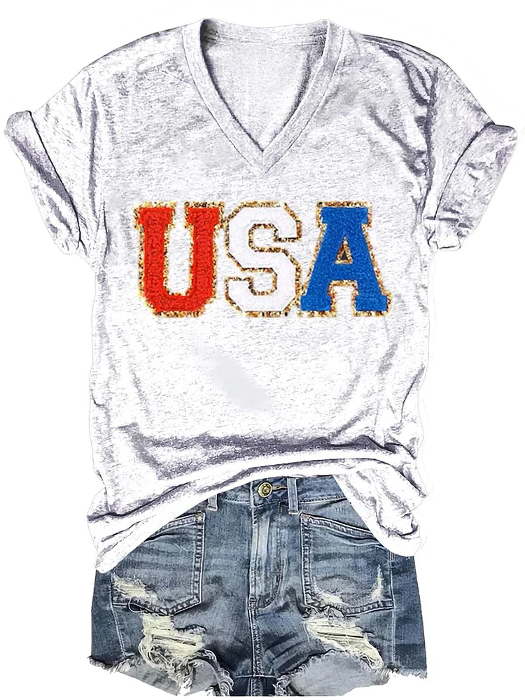 Independence Day USA Letter Art Print Casual T-shirt