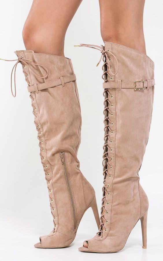 VCSHOES Peep Toe Lace Up Suede Zipper knee High Boots