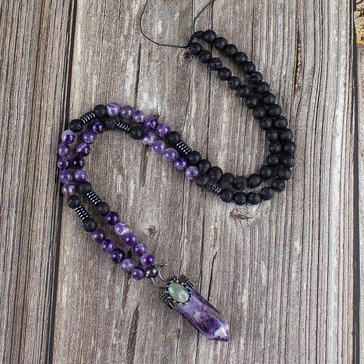 Natural Crystal Hexagon Prism Pendant Mala Necklace-Amethyst