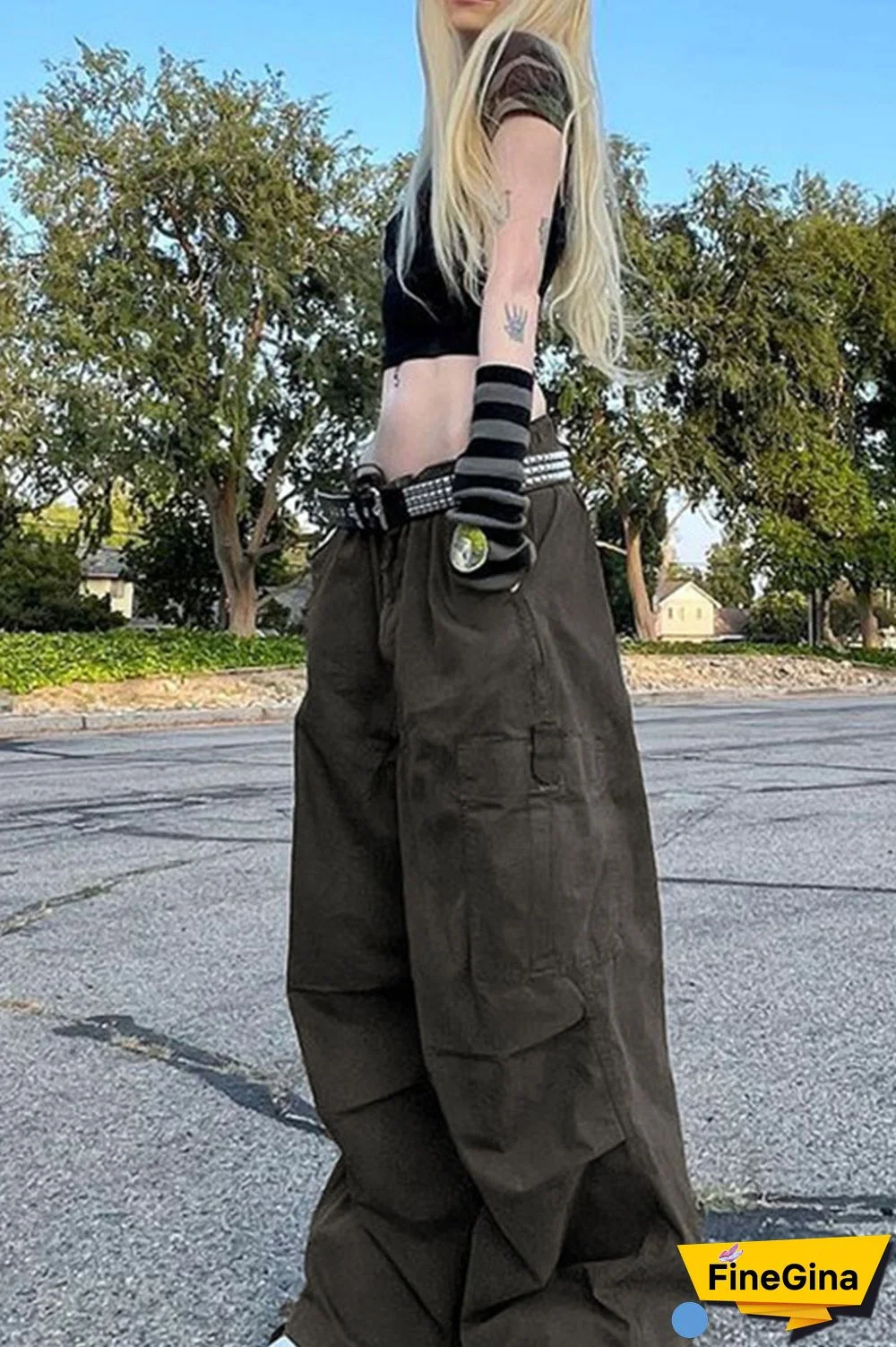 Brown Casual Street Solid Patchwork Pocket Loose Low Waist Wide Leg Solid Color Bottoms