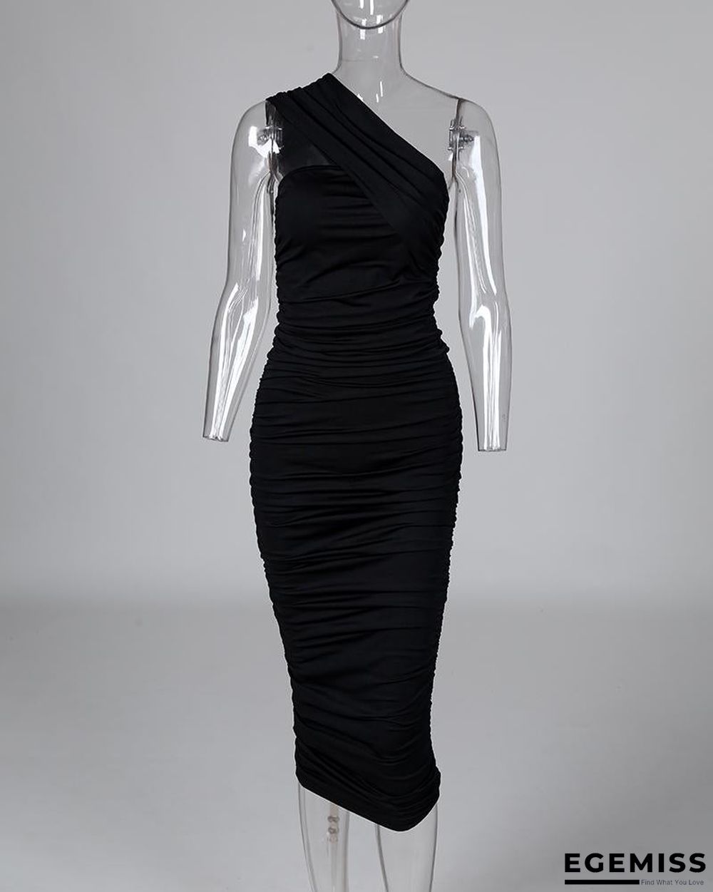 One Shoulder Sleeveless Ruched Bodycon Dress Black Dresses | EGEMISS