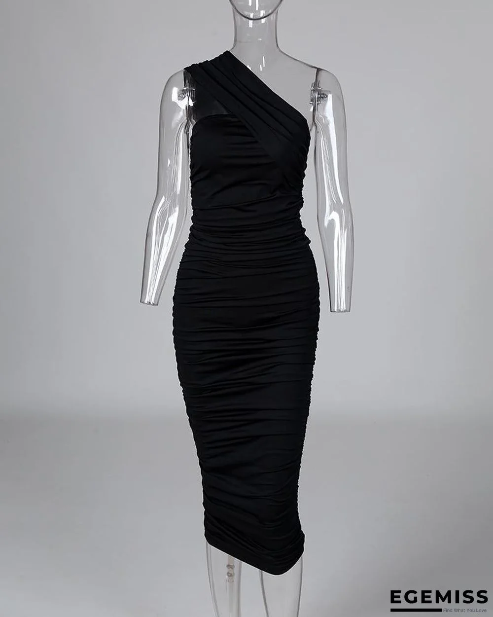 One Shoulder Sleeveless Ruched Bodycon Dress Black Dresses | EGEMISS