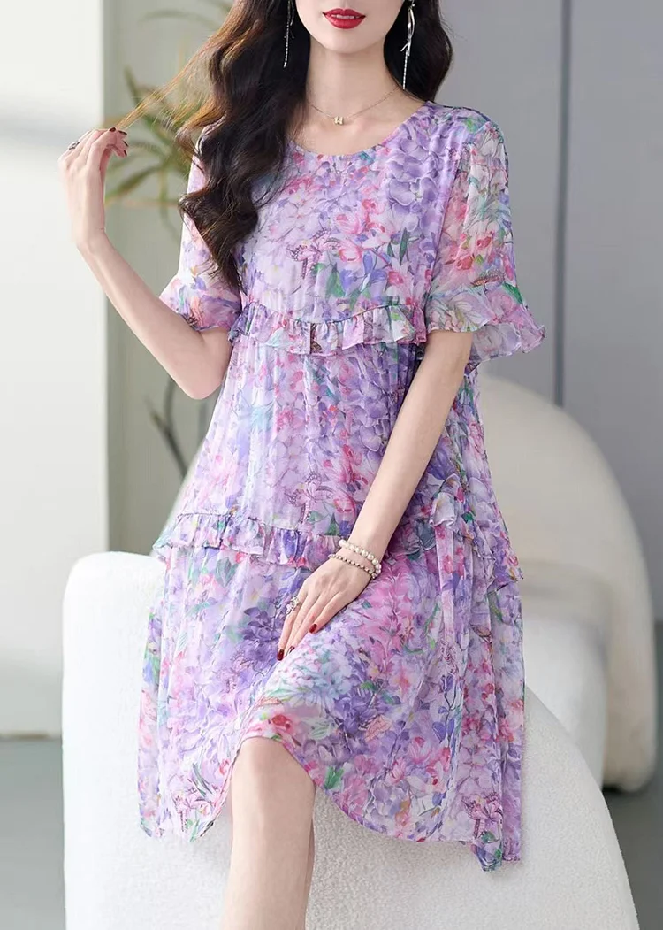 Italian Purple O-Neck Ruffled Print Chiffon Dress Summer