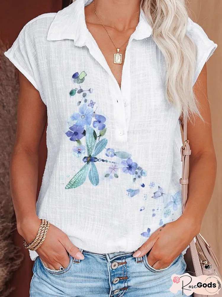 Dragonfly Shirt Collar Sleeve Short Sleeve Tops