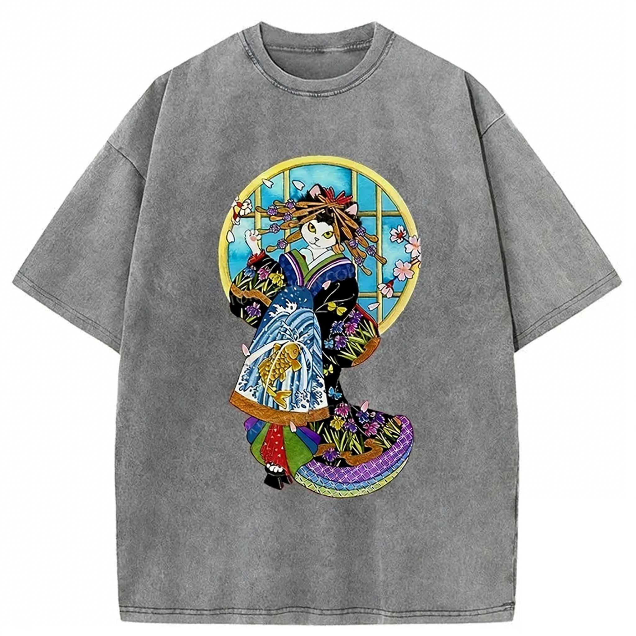 Geisha Cat Japanese Washed T-shirt elevenforest