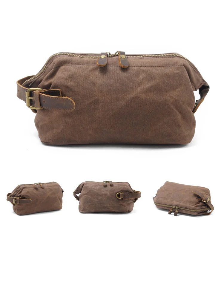 Men's Clutch Bag Oil Wax Canvas Wash Bag   Retro Clutch Bag First Layer Leather Wrist Bag