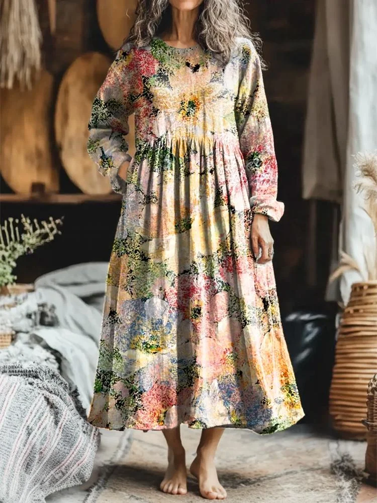 Women's Vintage Oil Painting Floral Art Pattern Print Pocket Cotton Dress