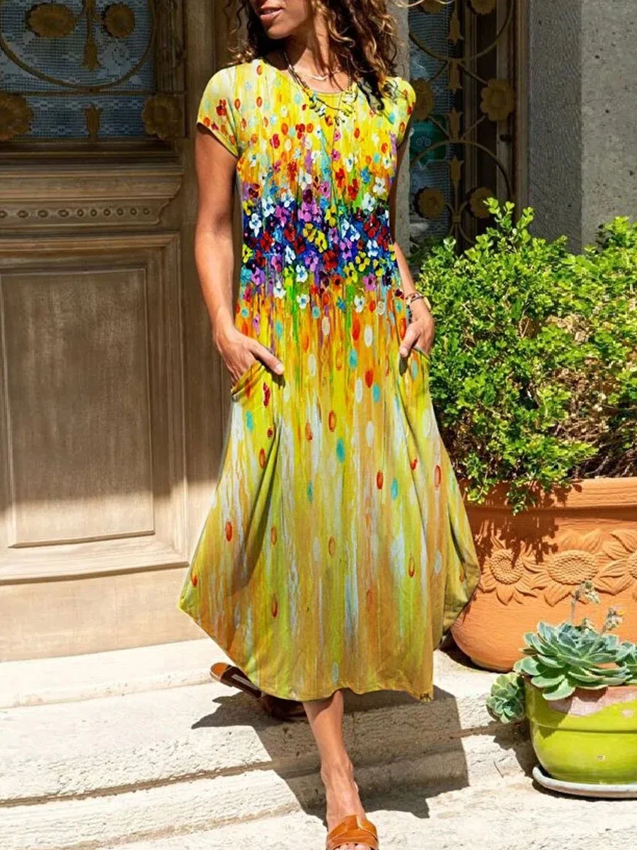Round Neck Casual Loose Floral Print Travel Short Sleeve Maxi Dress