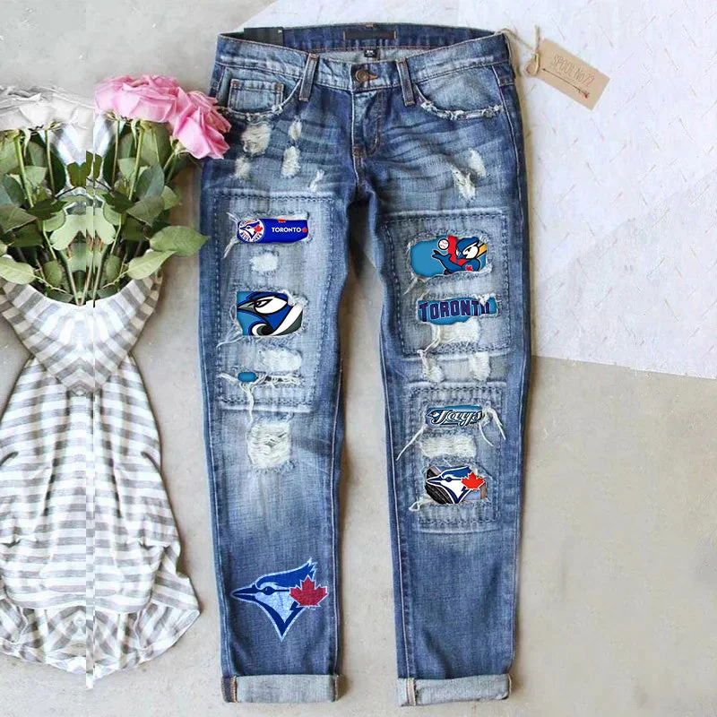STRETCH RIPPED FRAYED RAW HEM DISTRESSED DENIM JEANS WITH HOLE