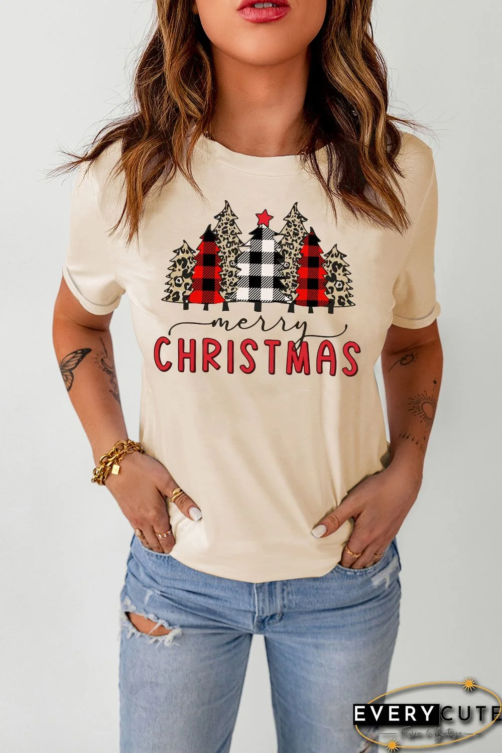 Khaki Christmas Plaid Leopard Tree Graphic Tee