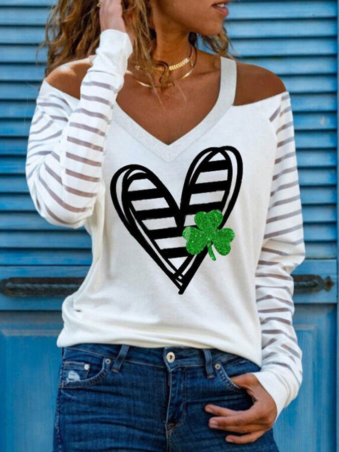 Women‘s St. Patrick's Day Lucky Clover Heart Print T-shirt