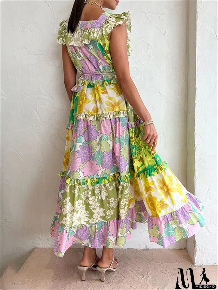 MidiSono - Women's Fashion Square Neck Sleeveless Multicolor Splicing Dress