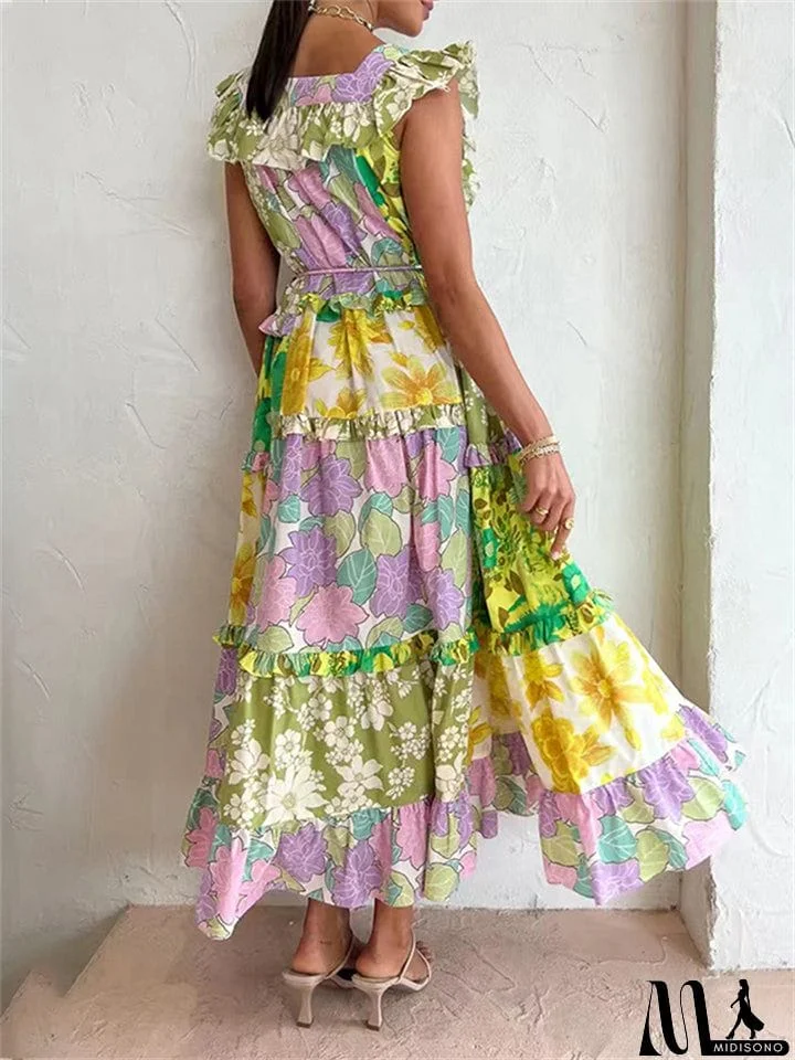 MidiSono - Women's Fashion Square Neck Sleeveless Multicolor Splicing Dress