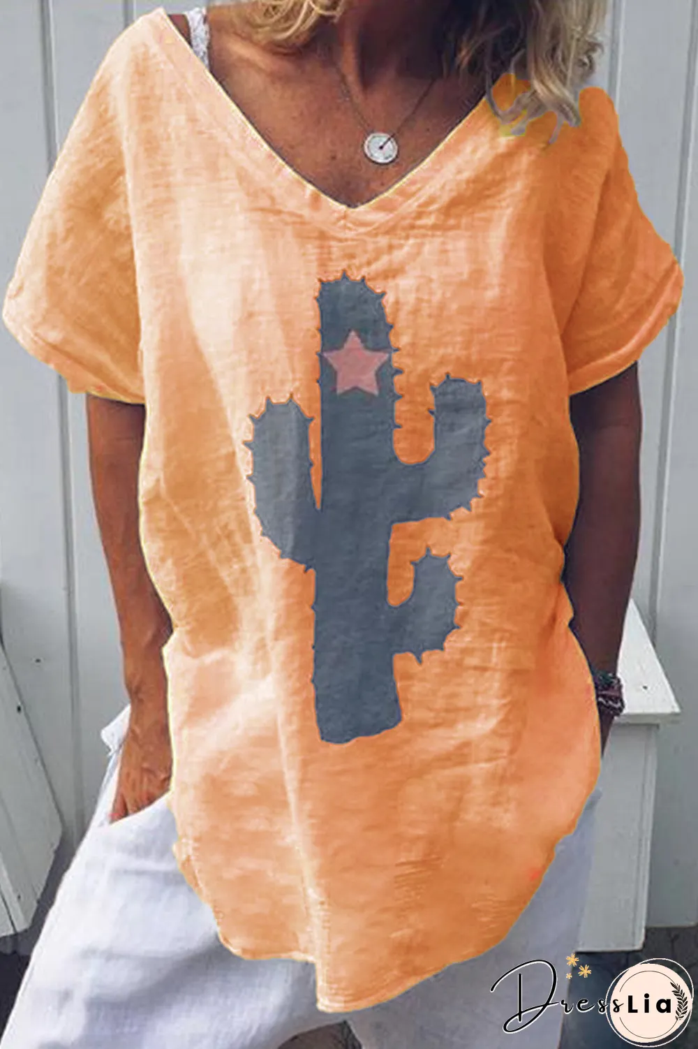 Fashion Print Split Joint V Neck T-Shirts(5 Colors)
