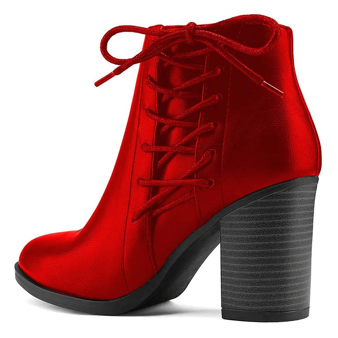 Red Metallic Finish High Heel Ankle Lace-Up Boots with Zipper