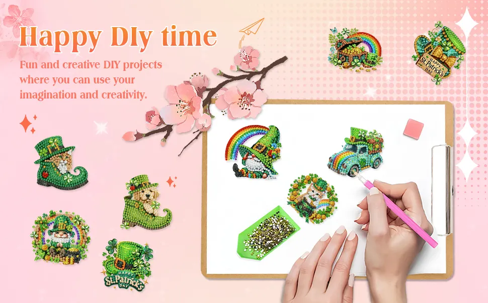 12Pcs St Patricks Day DIY Diamond Art Fridge Magnet Refrigerator Sticker Diamond Art Stickers Refrigerator Painting Kits for Beginners Adults DIY Craft Gifts Home Decors