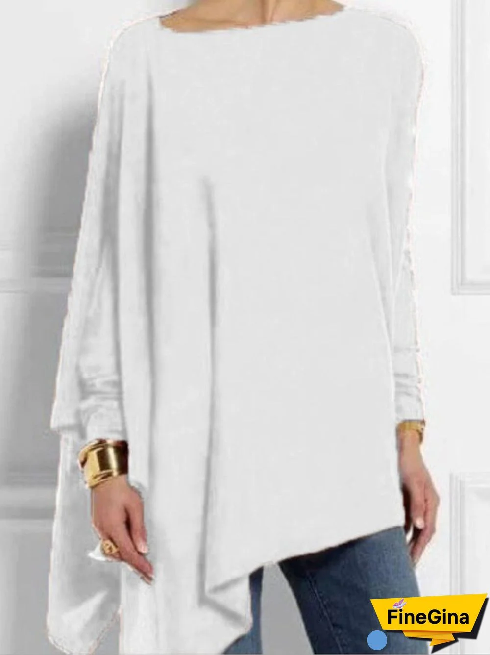 Women Plus Size Long Sleeve Scoop Neck Solid Color Irregular Hem Top