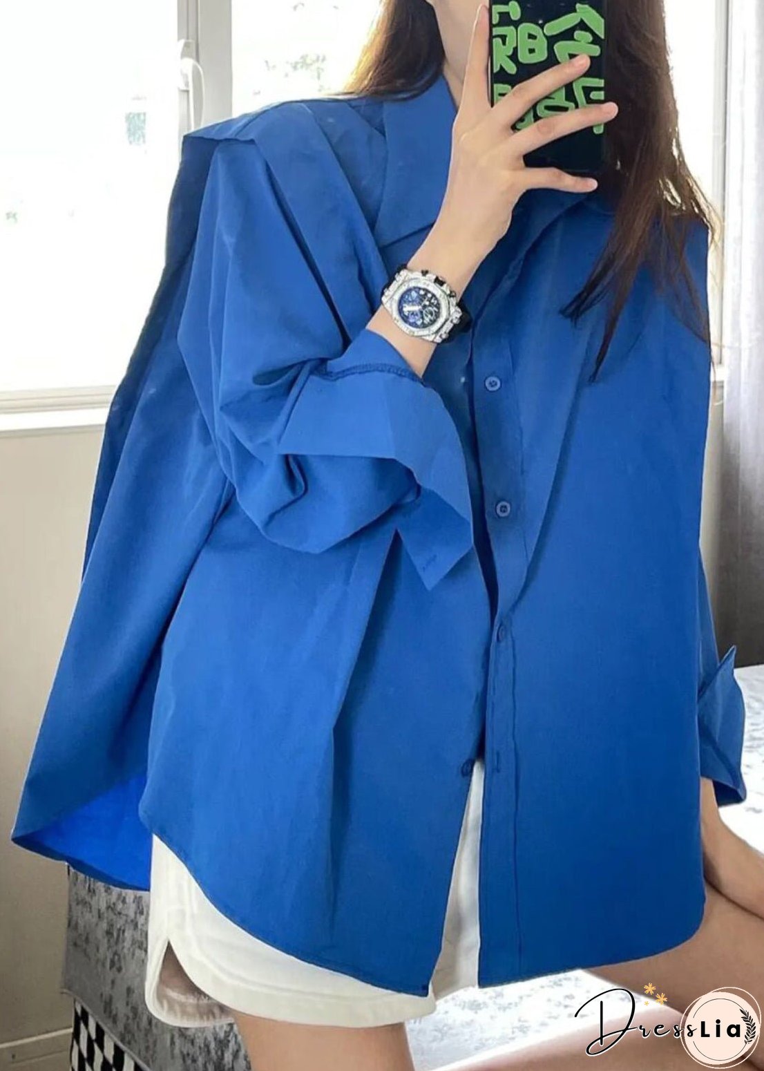 Loose Blue Peter Pan Collar Button Patchwork Cotton Shirt Top Long Sleeve