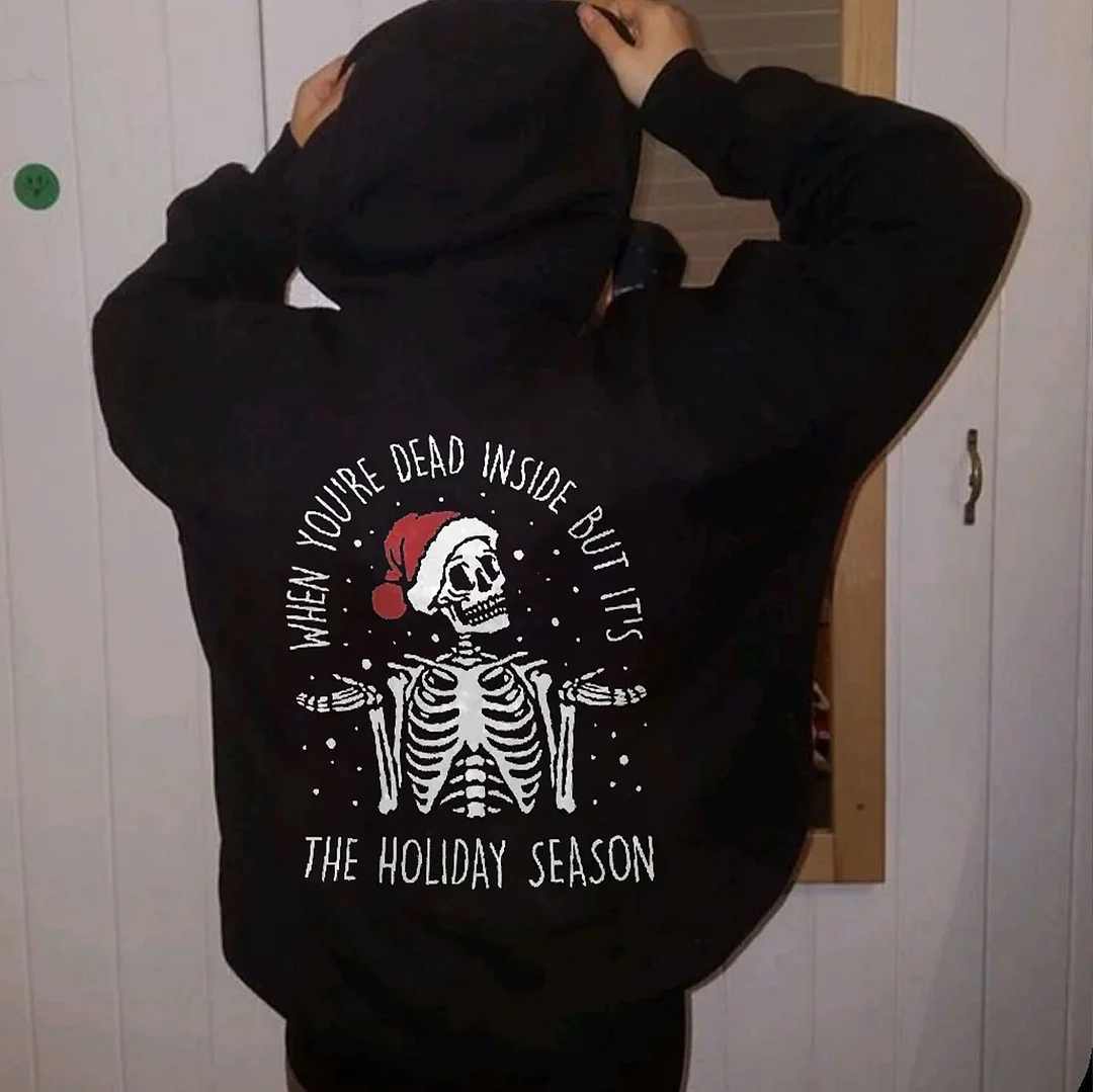 THE HOLIDAY SEASON Skull with Christmas Hat  Black Print Hoodie