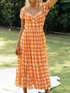 Plaid Print Puff Sleeves Vacation Midi Dress