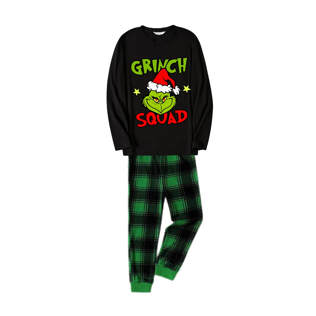 Christmas Cartoon Pattern Print Black Long Sleeve Top with Green and Black Plaid Family Matching Pajamas 2024