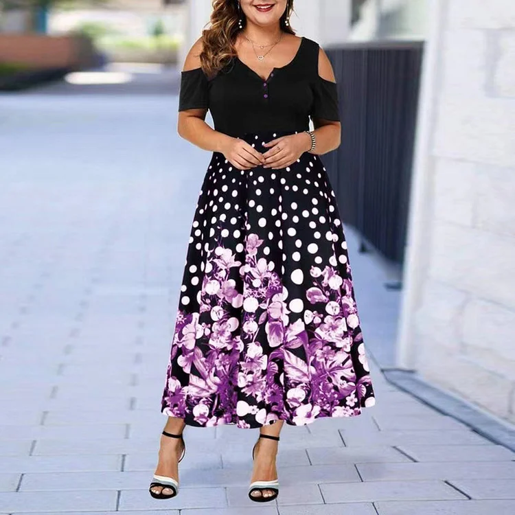 Plus Size Sexy Gradient Off Shoulder Pink Floral Print Short Sleeve Dress