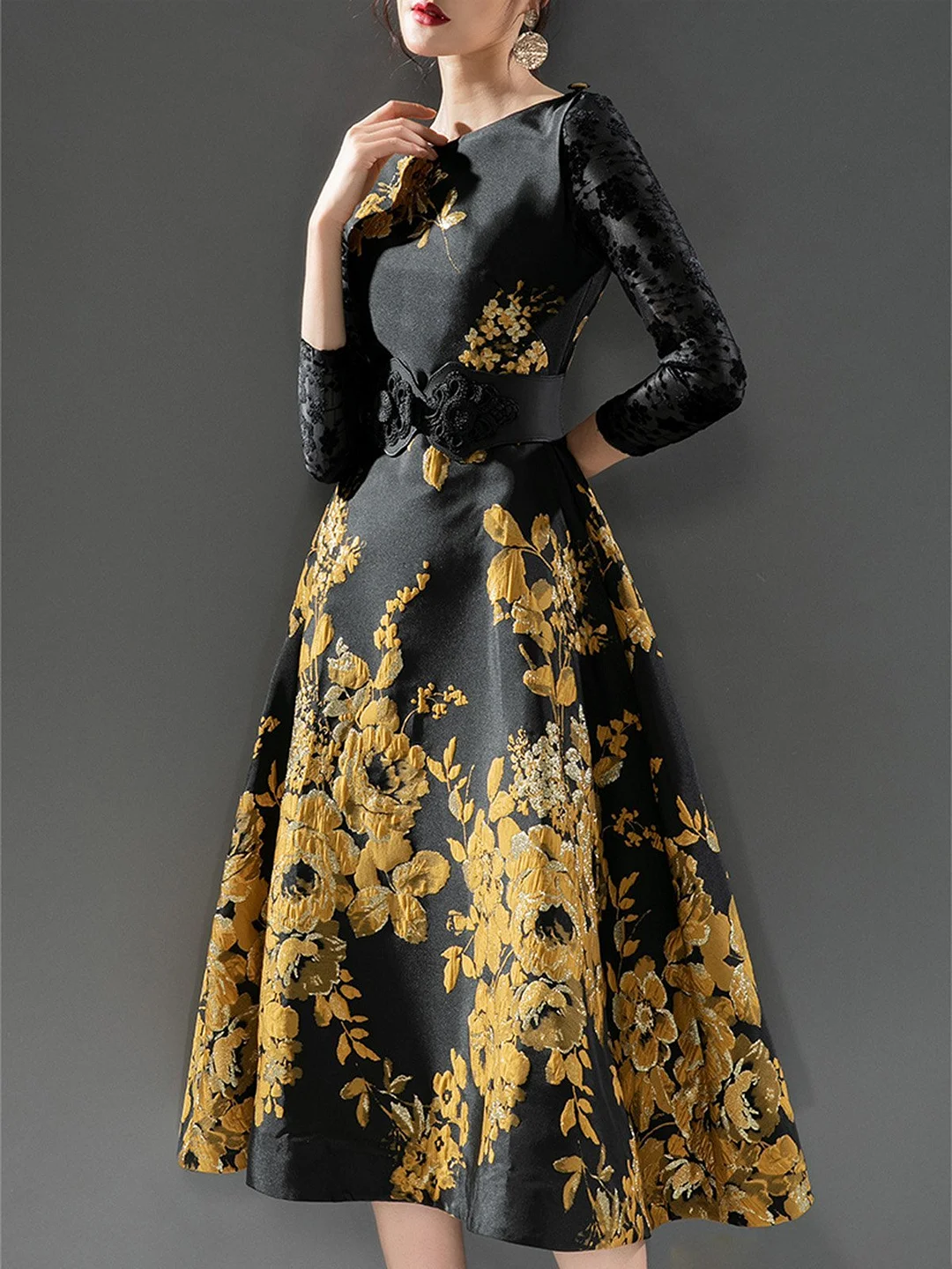 A-Line Cocktail Prom Party Elegant Floral-Print Midi Dress