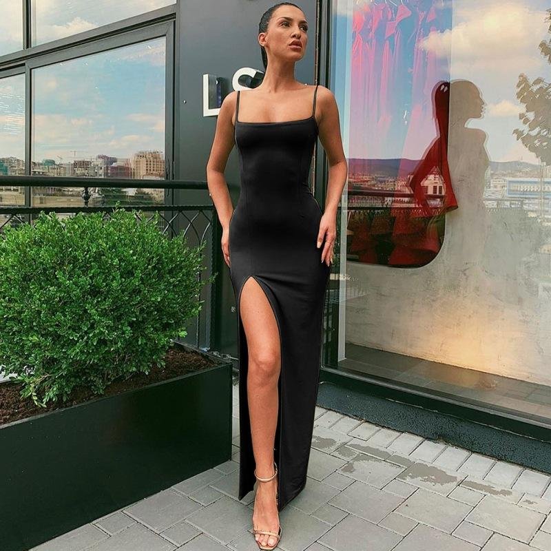 Summer dress Women Spaghetti Strap dress 2021 traf Sexy Split Solid Slim Lady Ankle Length Vintage Wear Dress xnwmnz