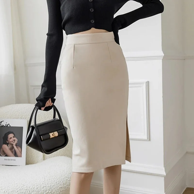 Mongw Korean High Wiast Office Skirt Oversized 2023 Women Summer Bodycon Long Skirts Elegant Sexy Pockets Midi Pencil Skirt