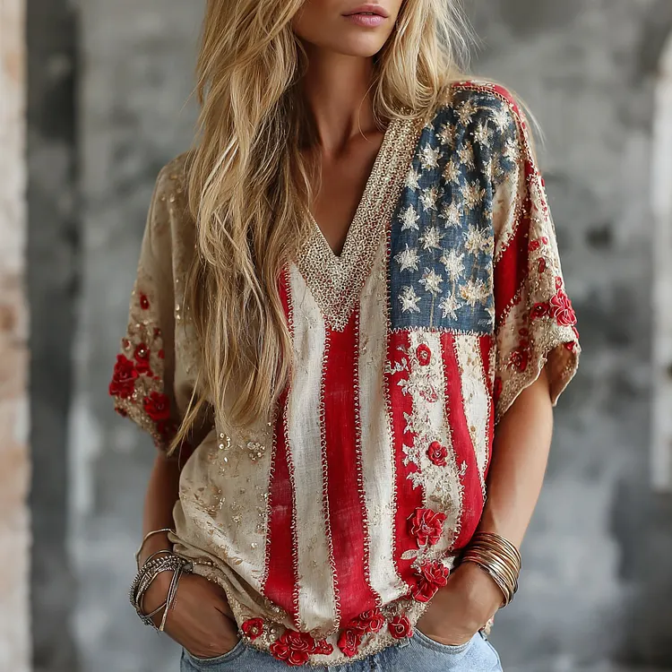 Women's Floral Contrast Embroidered Print V-neck Linen T-shirt