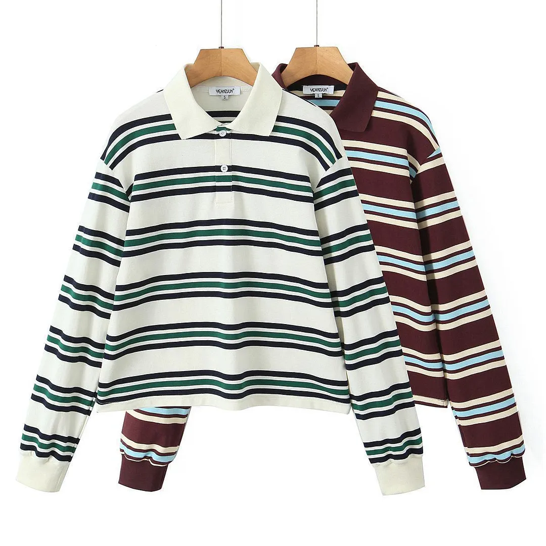 Nigikala Nigikala Autumn New Women's College Style Bumpy Horizontal Striped POLO Shirt Long-Sleeved T-Shirt Girl