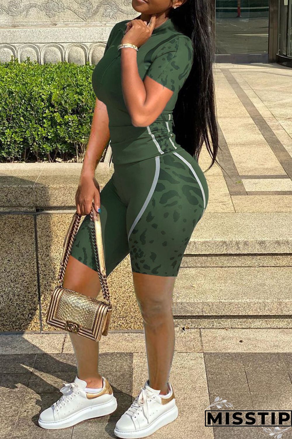 Army Green Casual Print Patchwork O Neck Short Sleeve Two Pieces