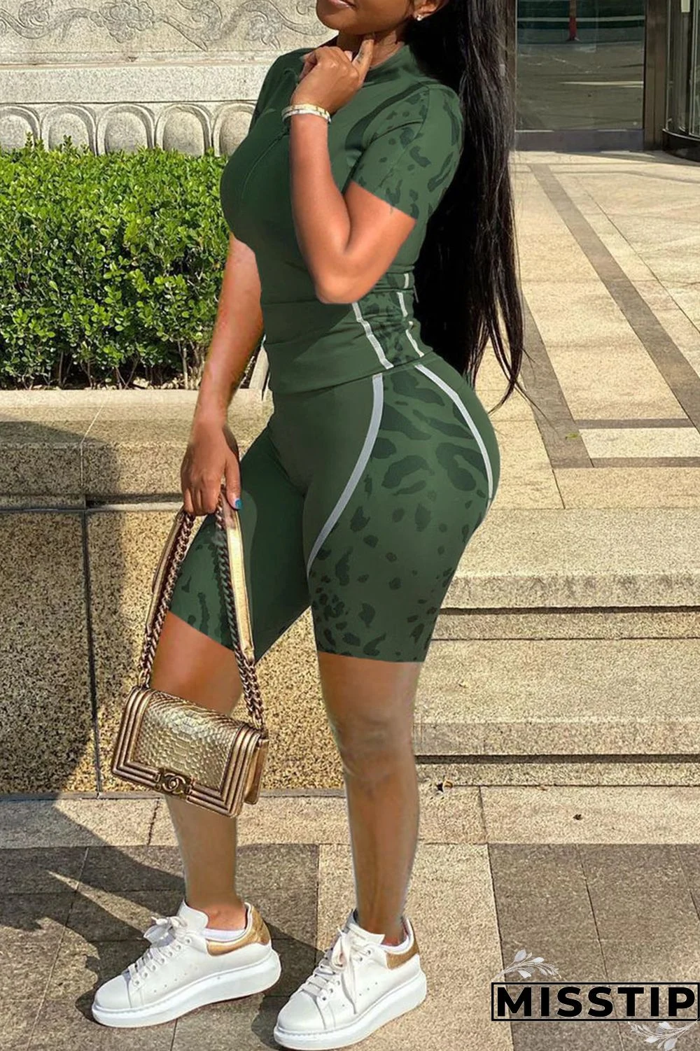 Army Green Casual Print Patchwork O Neck Short Sleeve Two Pieces