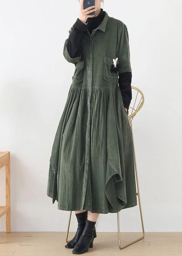 Women green quilting clothes lapel false two pieces A Line Dress